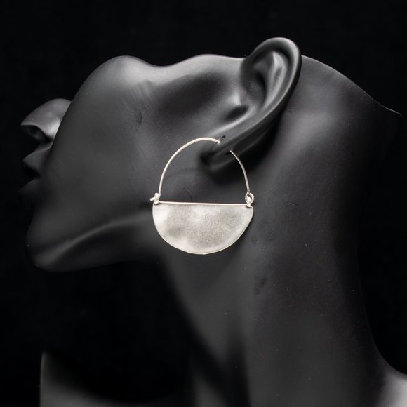 Half Moon Hammered Drop Hoop Earrings in Silver - Picture 3 of 6